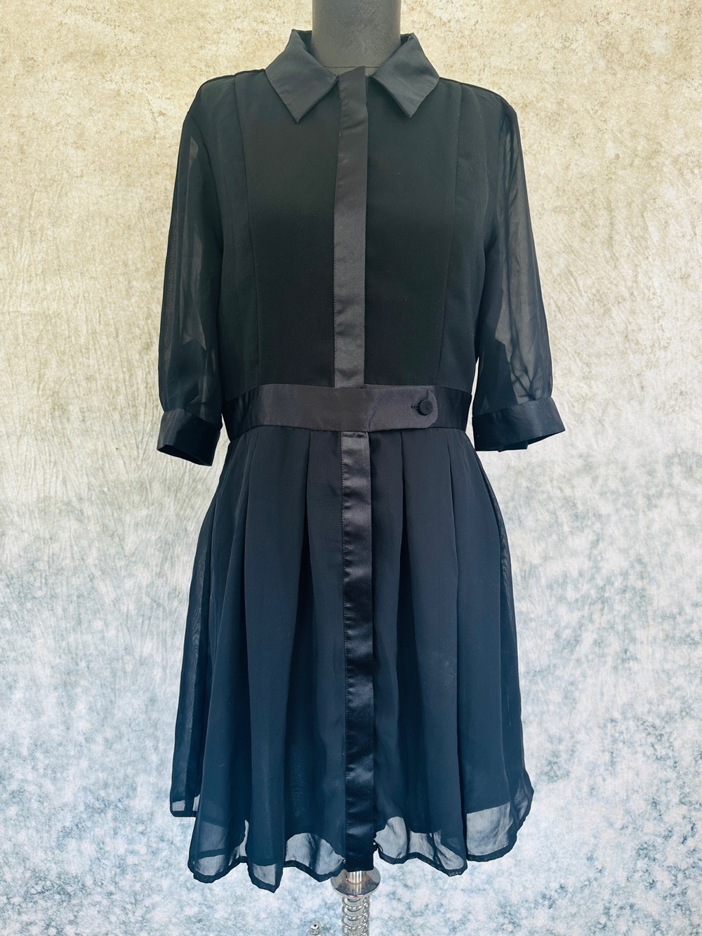 Jonathon Saunders Black Chiffon Midi Shirt Dress with Satin Trim